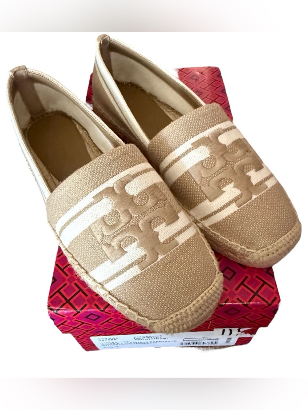 Tory Burch Double T Jacquard Espadrille Flats Cammello Ash White Women’s 9